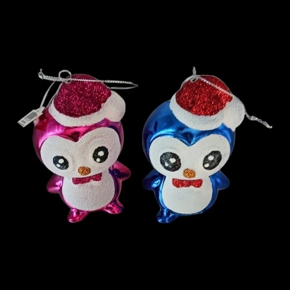 Holiday time pinguins christmas tree ornaments set of 2 blue/pink - Picture 1 of 5